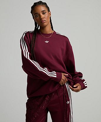 adidas Originals Womens Lace 3-Stripes Crew Sweatshirt in Shadow Red