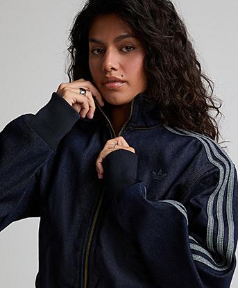 adidas Originals Womens Firebird Denim Funnel Neck Track Top in Indigo Denim