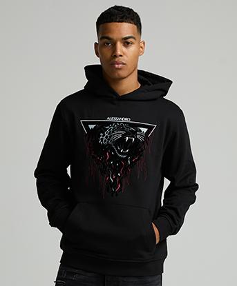 Alessandro Zavetti Fire Leopard Overhead Hoodie in Jet Black / Red