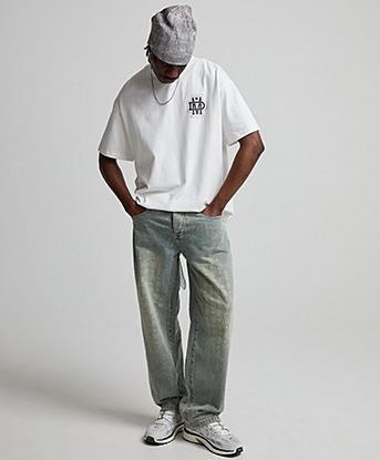 Dripmade Cypher Monogram Fade Baggy Fit Denim Jean in Vintage Blue Wash