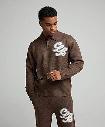 Celebre Fluffy Knit Quarter Zip Rugby Sweatshirt in Smokey Taupe