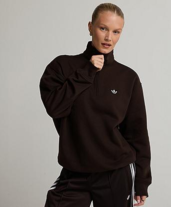adidas Originals Womens Essential Fleece Crew Half Zip Top in Aurora Coffee