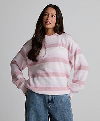 adidas Originals Womens Knit Essential Striped Crewneck Sweatshirt in Distilled Pink