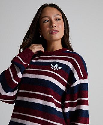 adidas Originals Womens Knit Essential Striped Crewneck Sweatshirt in Collegiate Burgundy