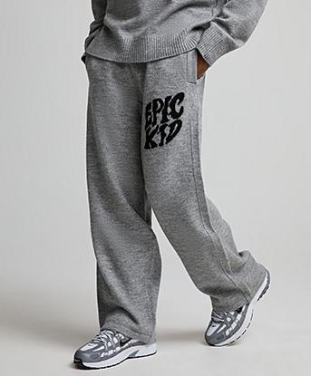 Epic Kid Logo Fluffy Knit Open Hem Jogger in Grey Marl / Black