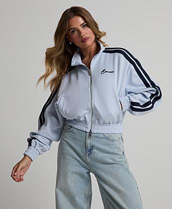 Cernucci Womens Taping Crop Funnel Neck Jacket in Light Blue