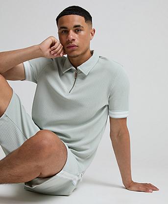 CAPO Textured Tape Zip Polo Shirt in Dove Blue