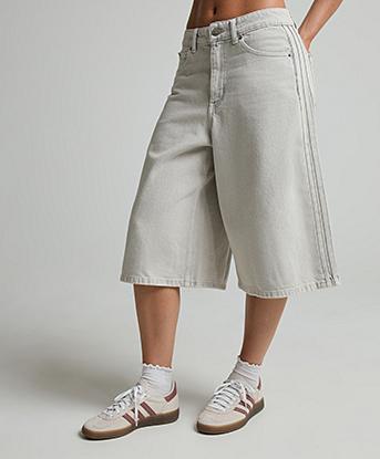 adidas Originals Womens 3-Stripe Denim Jort in Clear Grey Denim