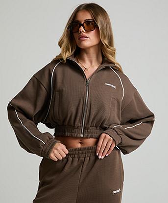 Cernucci Womens Waffle Piping Crop Funnel Neck Track Jacket in Chocolate