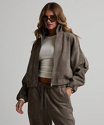 Cernucci Womens Suede Full Zip Funnel Neck Jacket in Grey