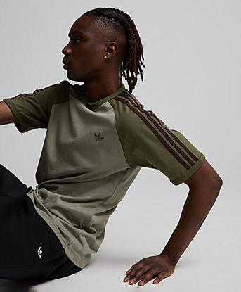 adidas Originals 3-Stripes Cali T-Shirt in Silver Pebble / Olive Strata